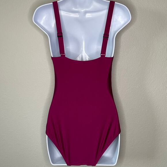 NWOT DKNY Magenta Satin-Look Ruched Pintucked Sunburst 1-Piece Swimsuit – Size S - Picture 5 of 8